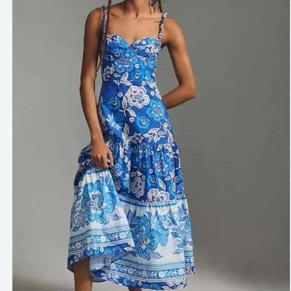 Farm Rio Blue Full Of Flowers Organic Cotton Midi Dress - Size XL